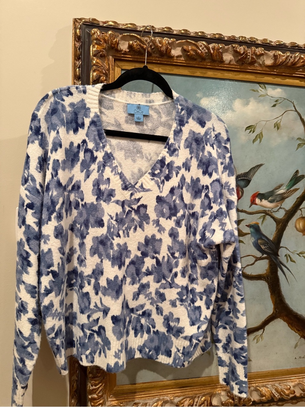 CeCe Blue & White V-Neck Floral-Print Sweater
